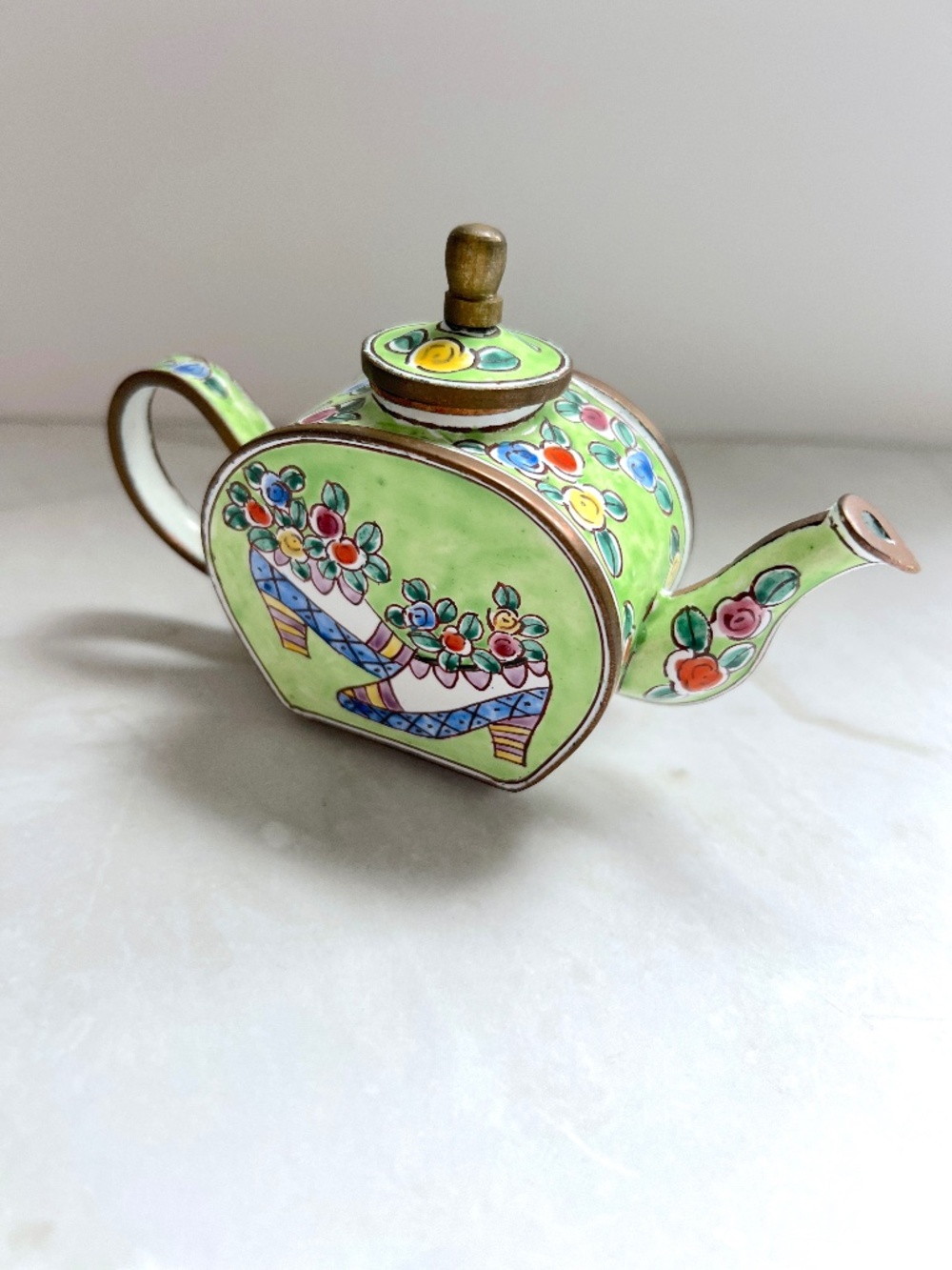 Kelvin Chen Miniature Enamel on Copper Teapot Trinket Box — Flower-Filled Shoe,